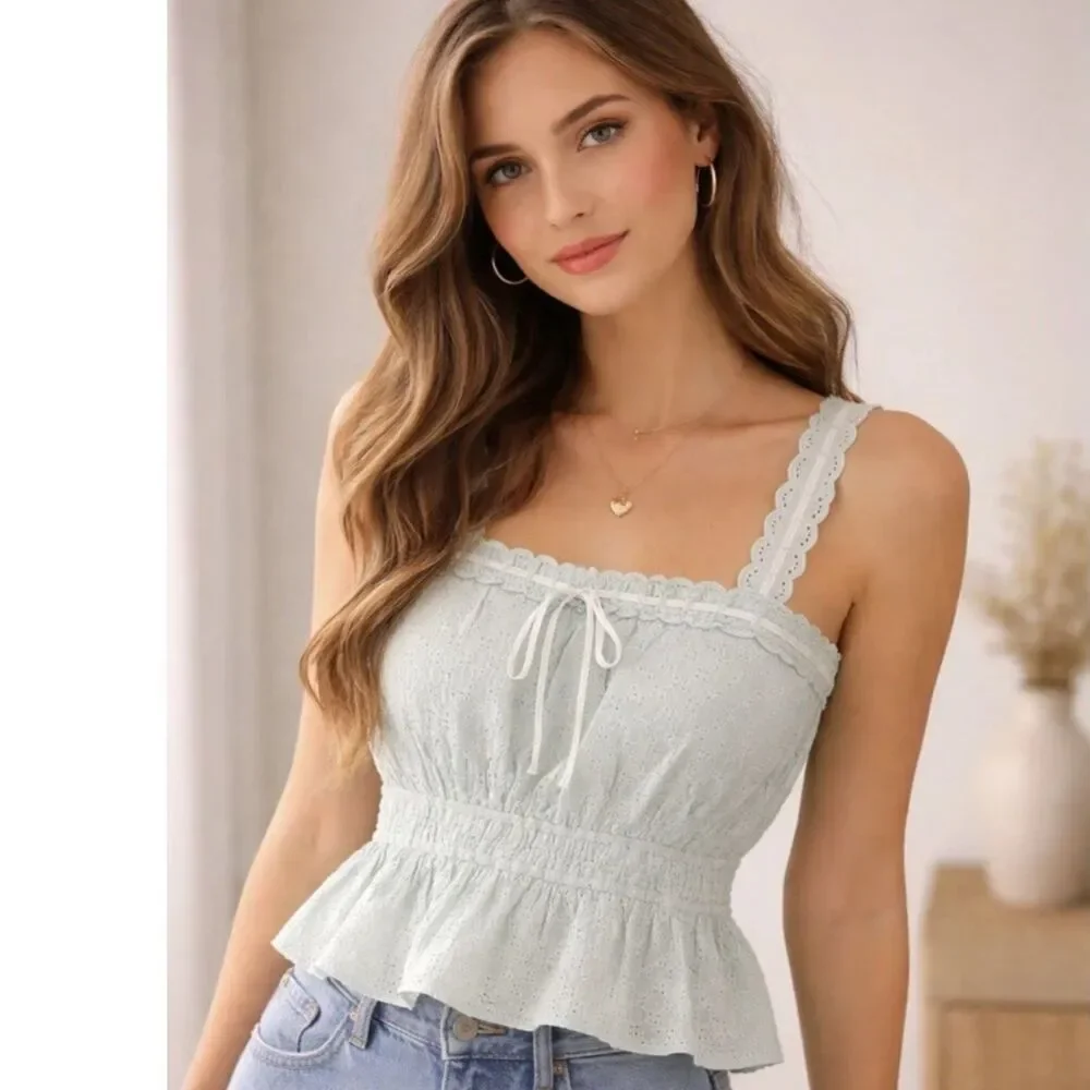 Sam Edelman Sleeveless Top Womens Large Eyelet Ribbon Coquette Smocked Waist